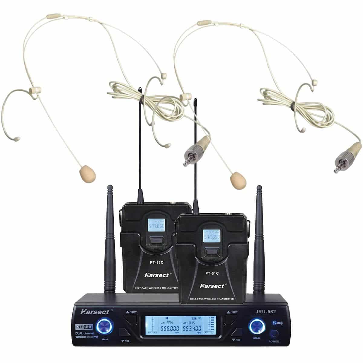 img src="/trådløs-mikrofon" alt="Karsect JRU-562/PT-51C/HT-3A Trådløs 2 x Tynde Headset Mikrofon Sæt"